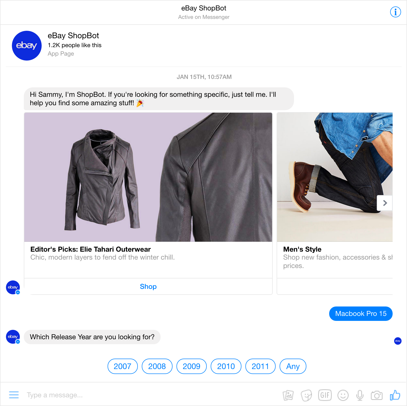 Figure 24: eBay Shopping Bot inside Facebook Messenger