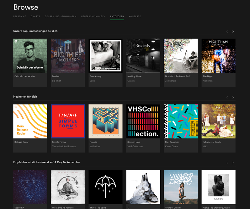 Figure 21: Spotify Browse with personalized content.