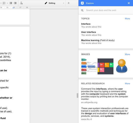 Figure 63: Google Docs Explore; provide insights to the user why Google picked certain topics