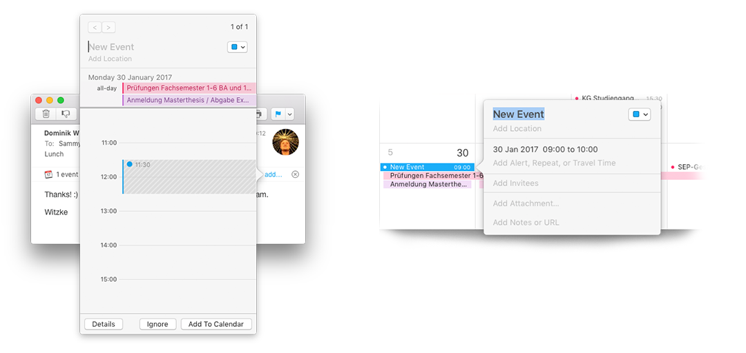 Figure 60 & 61: Side-by-side comparison of consitency while adaptation. (left) Apple Mail found an event inside an email, providing a shortcut to add calendar event. (right) Apple Calendar; manually adding an event. Both, adaptive & direct manipulation use the same interface for adding an event to the calendar