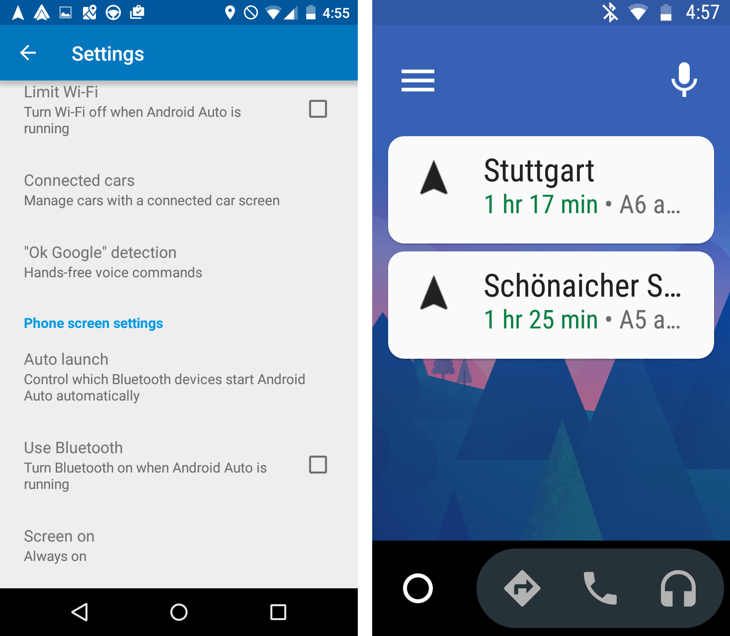 Figure 29: Google Android Auto – settings auto launch when Bluetooth connects (left). Google Android Auto – home screen with navigation recommendations (right).