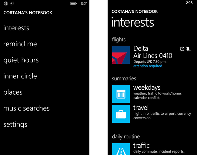 Figure 68: Microsoft Cortana‘s notebook; allows the user to inspect the user model of the system